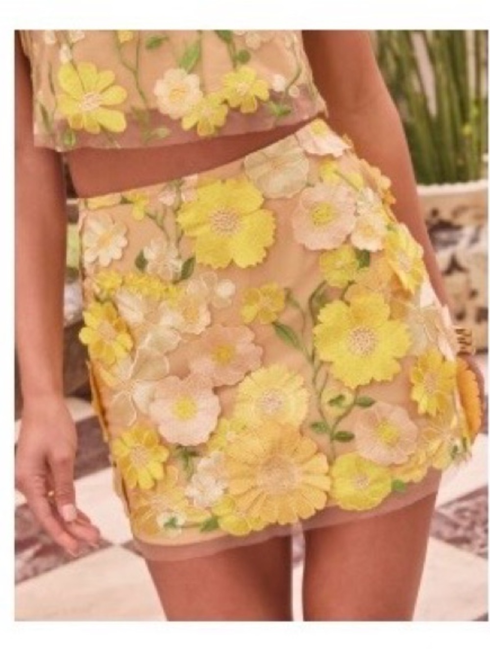 Vici Yellow Floral Appliqué Feminine Mini Skirt